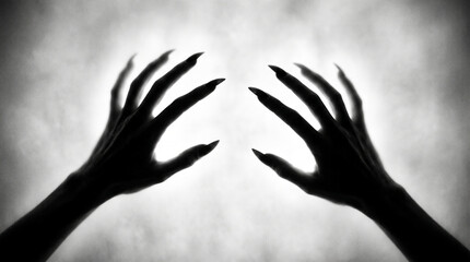 Obraz premium Silhouette of two clawed hands reaching out with sharp nails against a foggy, bright background, symbolizing mystery and horror