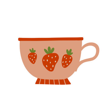 Decorative pink cup with three strawberry motifs and green leaves. Hand drawn colorful kitchen tableware illustration with red details and curved handle, isolated on white background.