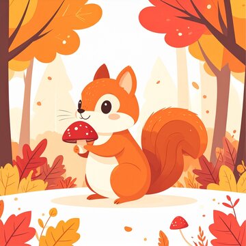 かわいいリスときのこと秋の森、フラットベクターイラスト、紅葉