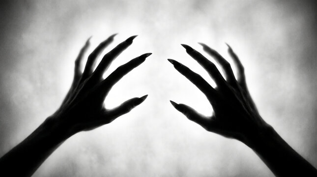 Silhouette of two clawed hands reaching out with sharp nails against a foggy, bright background, symbolizing mystery and horror