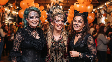 Fototapeta premium Three women in elaborate costumes and makeup pose at a party with orange balloons, representing Halloween celebration and festive attire