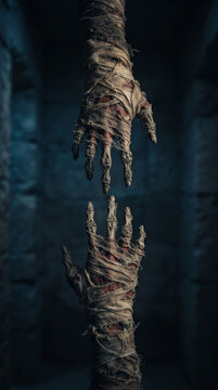 Banded mummy hands reaching towards each other in a dark, atmospheric setting, symbolizing resurrection, mystery, and the afterlife