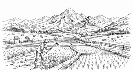 Fototapeta premium sketch of a farmer hoeing a rice field