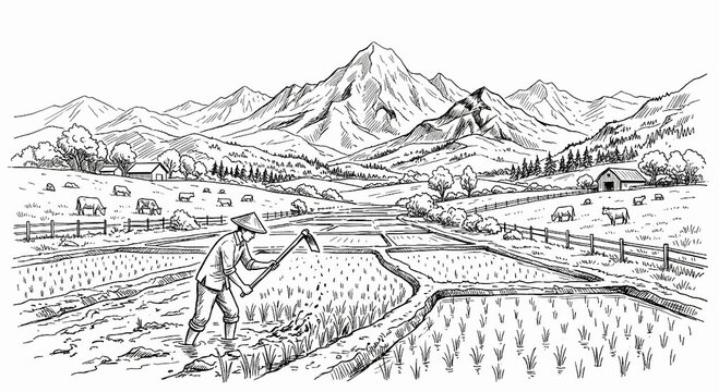 sketch of a farmer hoeing a rice field