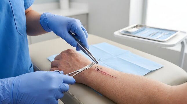 Doctor Removing Stitches from Healed Surgical Wound During Postoperative Follow-Up Care