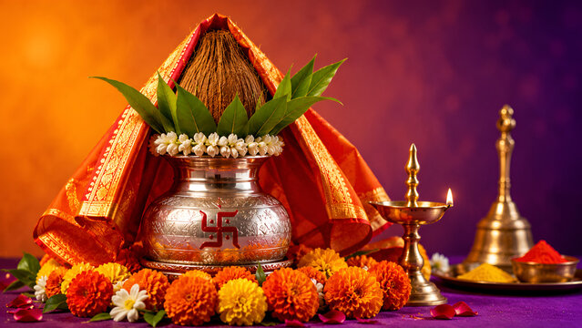 Hindu puja background with traditional mangal kalash brass diya and brass bell