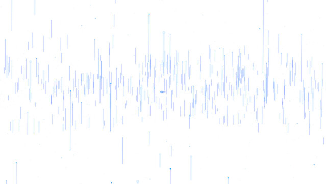Bright blue vertical light streaks and data particles representing sound wave frequencies or financial charts