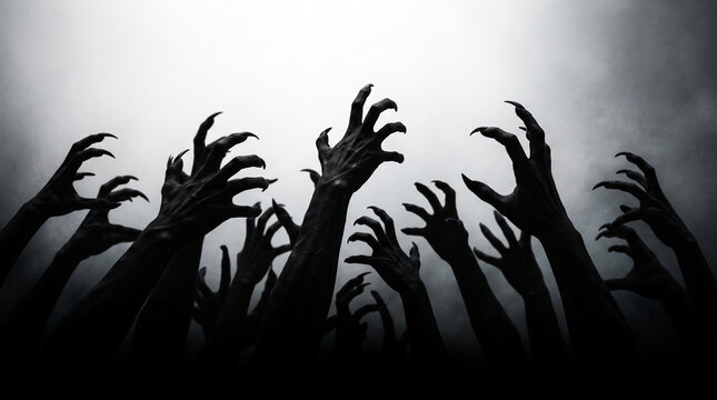 Shadowy, clawed hands reaching upwards from darkness, creating a sense of dread, fear, and the supernatural, representing horror or the unknown.