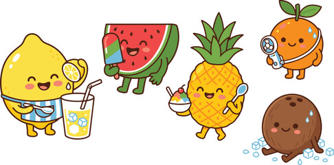 Obraz premium Cute Kawaii Summer Refreshment Fruit Characters Vector Set, Cooling Food Mascot Icons, Lemonade Popsicle and Shaved Ice Collection