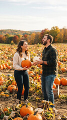 Obraz premium A couple laughs while holding pumpkins in a field, symbolizing autumn joy, harvest celebration, and fall activities.