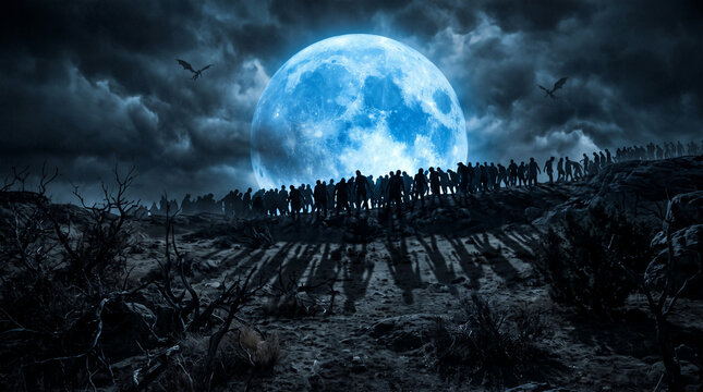 A horde of silhouetted figures under a giant blue moon and stormy sky, with two dragons flying, symbolizing dread and the apocalypse.
