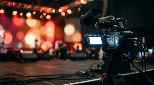 Professional video camera on tripod, live concert stage filming, event broadcast gear