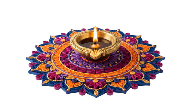Colorful paper quilling mandala art with a central brass diya lamp isolated on transparent background