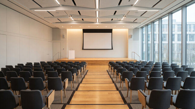Modern empty conference hall with rows of chairs and a projection screen
