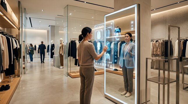 Woman using interactive virtual mirror for digital shopping in clothing store