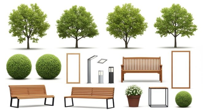 Set of park trees benches and urban garden design elements