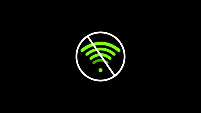 No wifi signal icon with red prohibited sign animation. 4K Video, No Use wifi icon animation . no wifi use . Network signal error sign. Connection lost symbol on alpha channel.