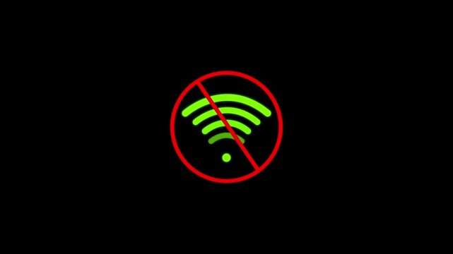 No wifi signal icon with red prohibited sign animation. 4K Video, No Use wifi icon animation . no wifi use . Network signal error sign. Connection lost symbol on alpha channel.