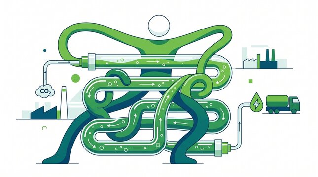 Abstract Pipeline Character Converting CO2 Into Biofuel Concept Illustration