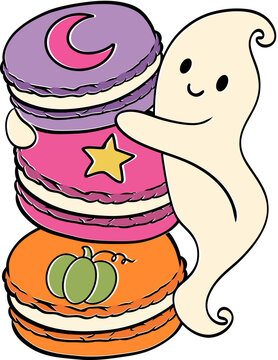 Cute Halloween Ghost Dessert Clipart Set with Candy, Cake, Macarons, Cupcake, Sundae and Gingerbread House