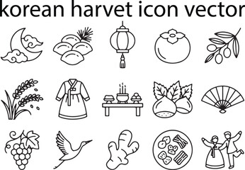 Obraz premium Korean Chuseok Harvest Festival Line Art Vector Icon Set