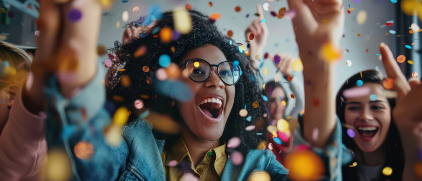 Diverse group of young professionals celebrating success with confetti in a modern office. Team achievement, startup culture, motivation, teamwork and positive work environment.