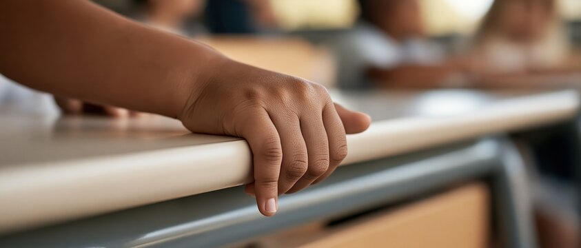 Intimate closeup of a young childs small hand gripping a school desk edge, evoking curiosity, readiness, and the quiet anticipation of learning in a diverse classroom.