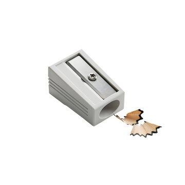 Manual plastic pencil sharpener with wood shavings. White school sharpener isolated on white background. Office supply for sharpening pencils
