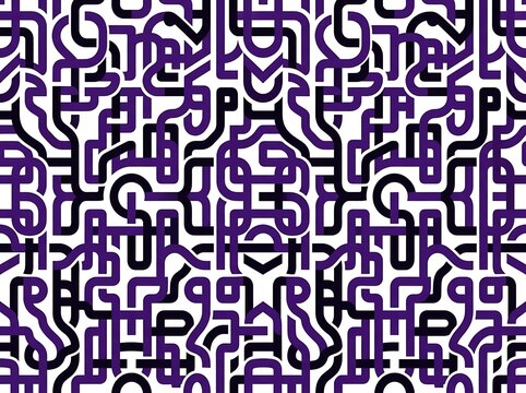 Seamless abstract geometric maze pattern in purple and black on white background