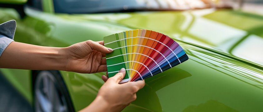 Art directors dream hands fan out a rainbow paint swatch palette against a glossy green car hood, capturing the moment of creative decision making in automotive customization.