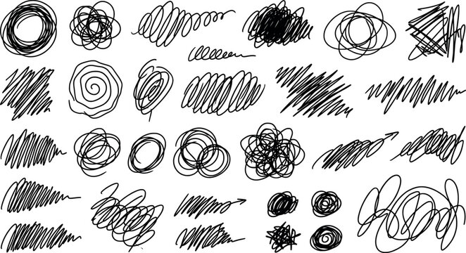 Collection of hand drawn scribble circles and messy lines