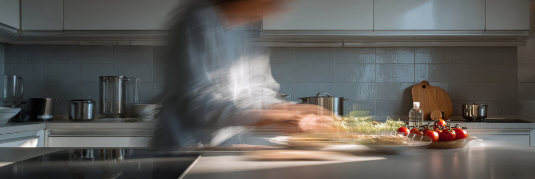 Motion blurred person preparing food in a cozy modern kitchen. Concept of busy lifestyle, home cooking, multitasking, everyday routine and dynamic domestic activity.