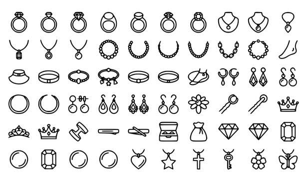 Jewelry Collection Line Art Icons Set with Rings Necklaces Earrings and Bracelets