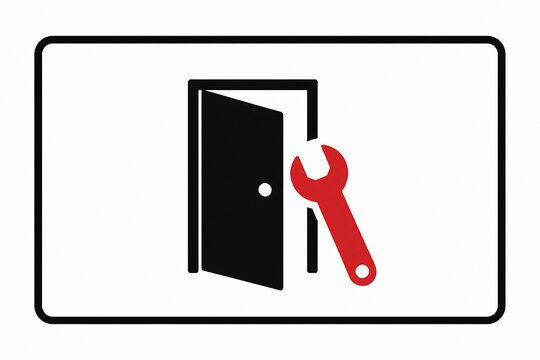 A wrench is shown next to an open door icon on a white background, representing repair or maintenance.