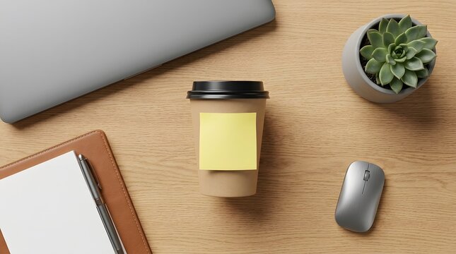 Top view of a coffee cup with a sticky note on a wooden desk with office supplies