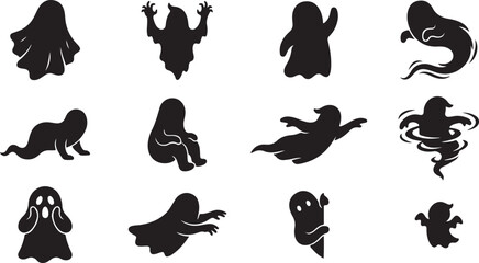 Obraz premium Set of cute and spooky ghost silhouettes in different eerie actions with silhouette