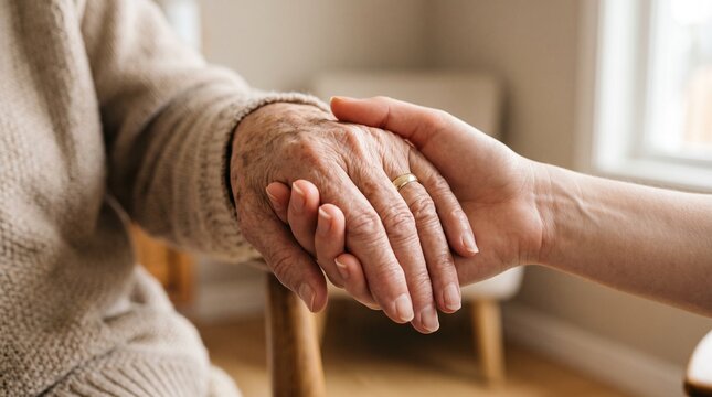 Elderly Hand Gently Held by Younger Hand for Support