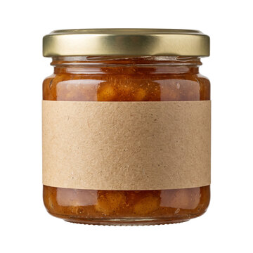 Glass jar of orange jam with blank kraft paper label