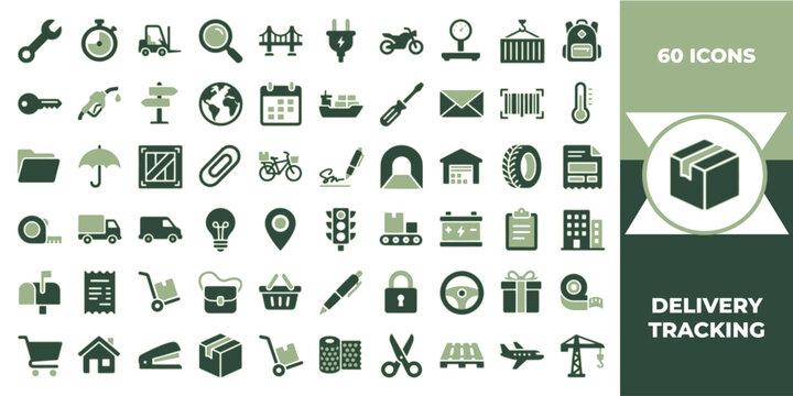 Complete set of sixty delivery tracking icons for logistics shipping and modern e commerce supply chain