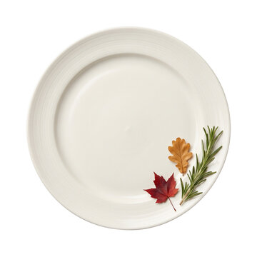 Empty white plate decorated with autumn leaves and rosemary