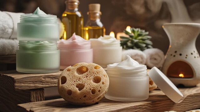 Cosmetic jars, candle and cream containers stand on wooden platform in warm light. Skincare still life supports beauty branding, wellness advertising, home decor content