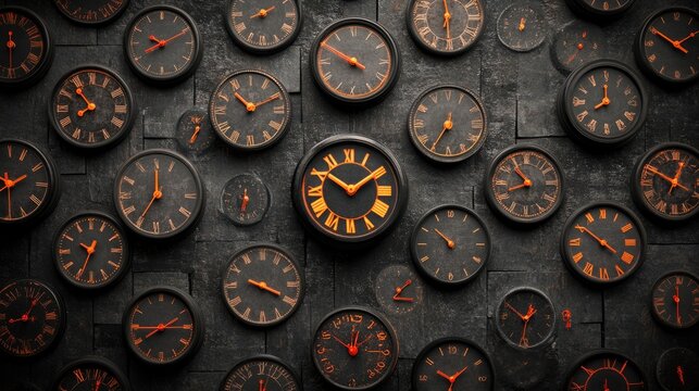 Collage of Vintage Clocks: A textured dark background displays a collage of numerous vintage analog clocks, each with roman numerals and intricate hands, creating a timeless and antique aesthetic.