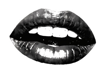 Fototapeta premium Vintage black and white halftone cutout of expressive human lips, slightly parted lips with visible teeth, retro newspaper print texture, bold black ink, high contrast, authentic vintage illustration