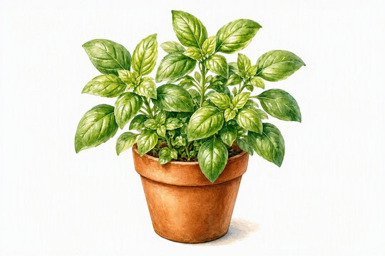 Watercolor botanical illustration of fresh basil plant in terracotta pot isolated on white background.