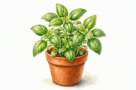 Watercolor botanical illustration of fresh basil plant in terracotta pot isolated on white background.
