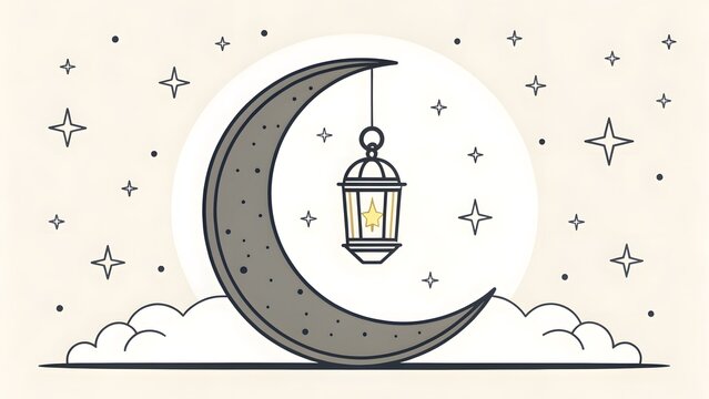 Ramadan lantern hanging from a crescent moon under a starry night sky with clouds, evoking a sense of peace and spiritual reflection