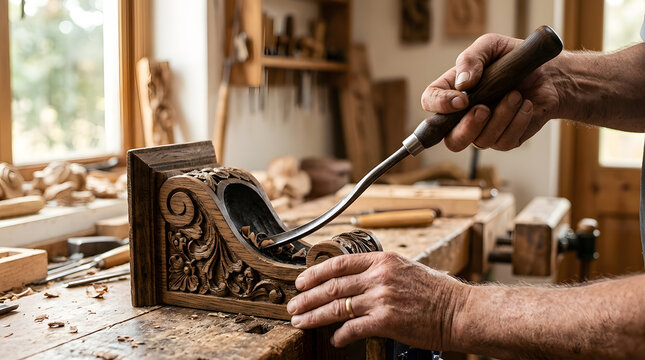 Professional artisan woodworker carving intricate floral pattern on antique wooden corbel using sharp steel gouge in rustic workshop environment with soft natural light, artisanal furniture 