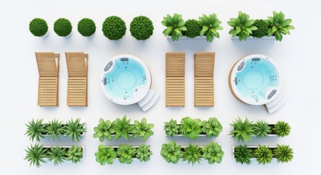 Top view of pool lounge chairs with plants and hot tubs