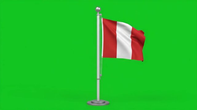 Peruvian flag waving proudly on a flagpole against a vibrant green screen background, symbolizing national identity and pride.