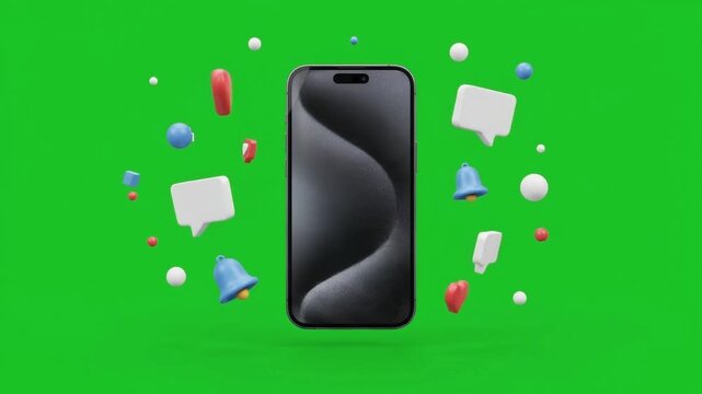 Modern Smartphone with Floating 3D Social Media Icons Like Hearts Bells and Chat Bubbles on Green Screen Background for Chroma Key Video Editing